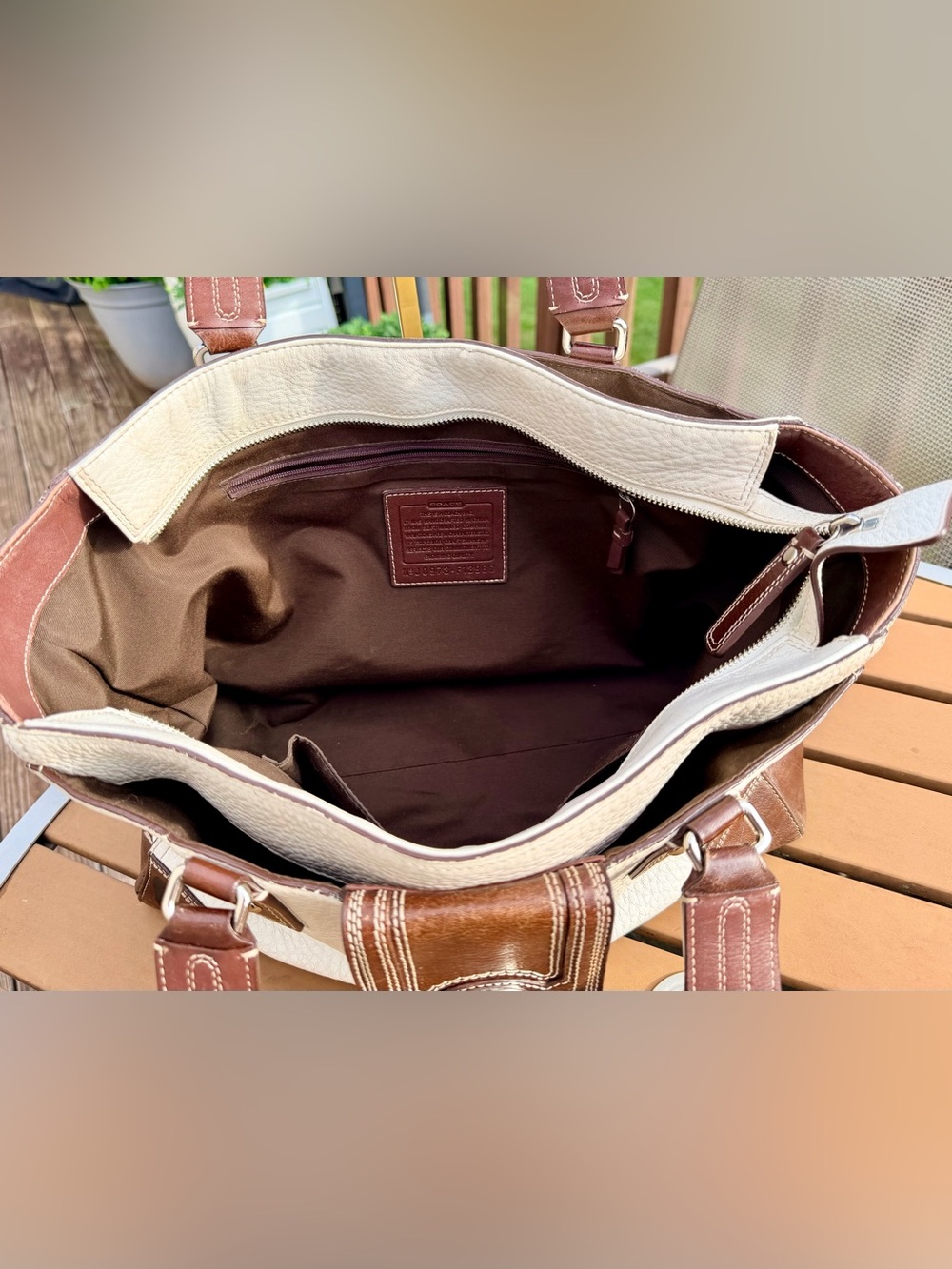 Coach Hamptons Ivory Pebbled Leather Tote Shoulder Bag Brown Trim F13960 Large - Picture 6 of 11